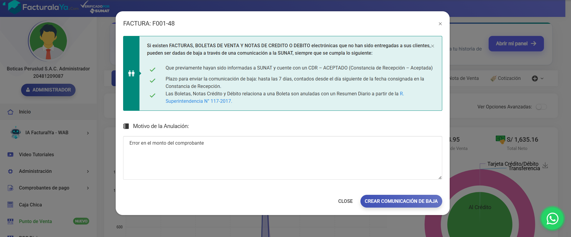 Modal de anulación de una factura en Facturalaya: muestra los requisitos de SUNAT, un campo para el motivo de la anulación y el botón para crear la comunicación de baja