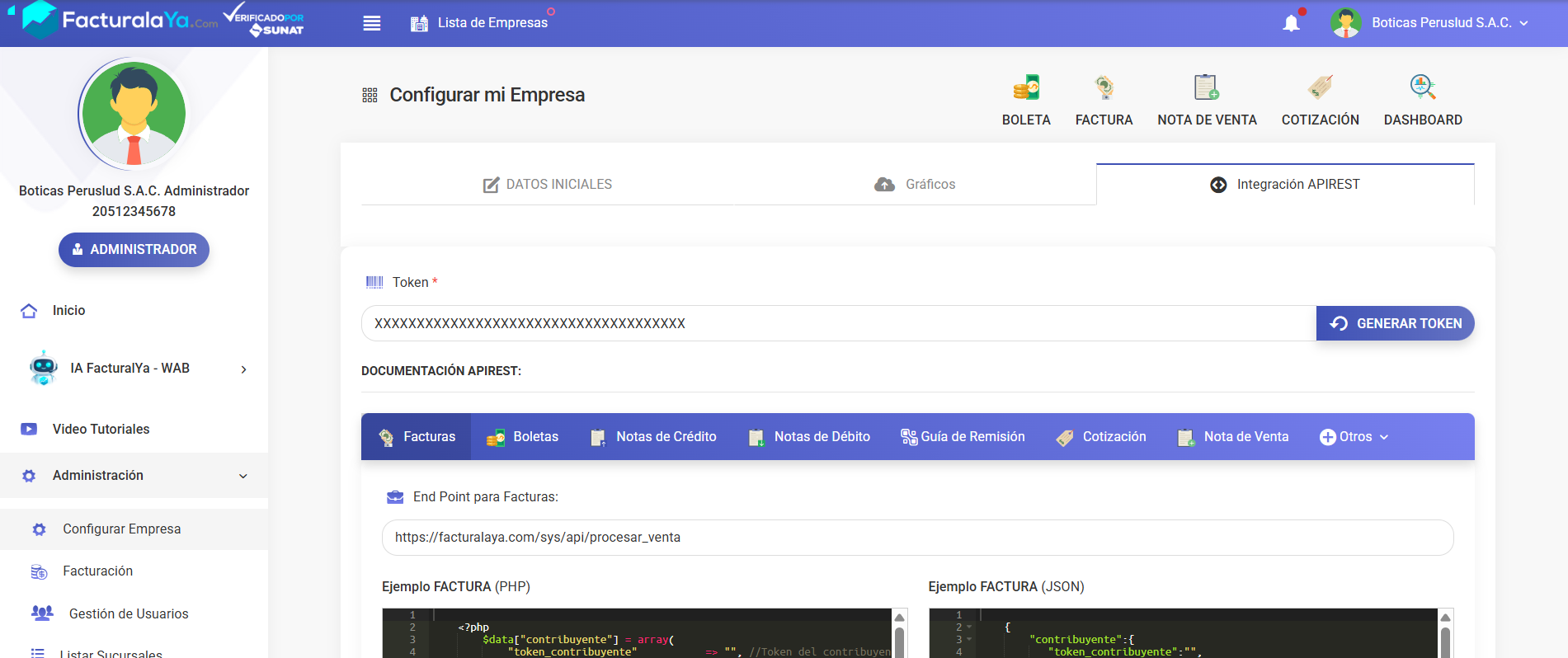 Pantalla de Integración API REST de Facturalaya con el campo del token, el botón Generar Token, el endpoint y los ejemplos de código en PHP y JSON