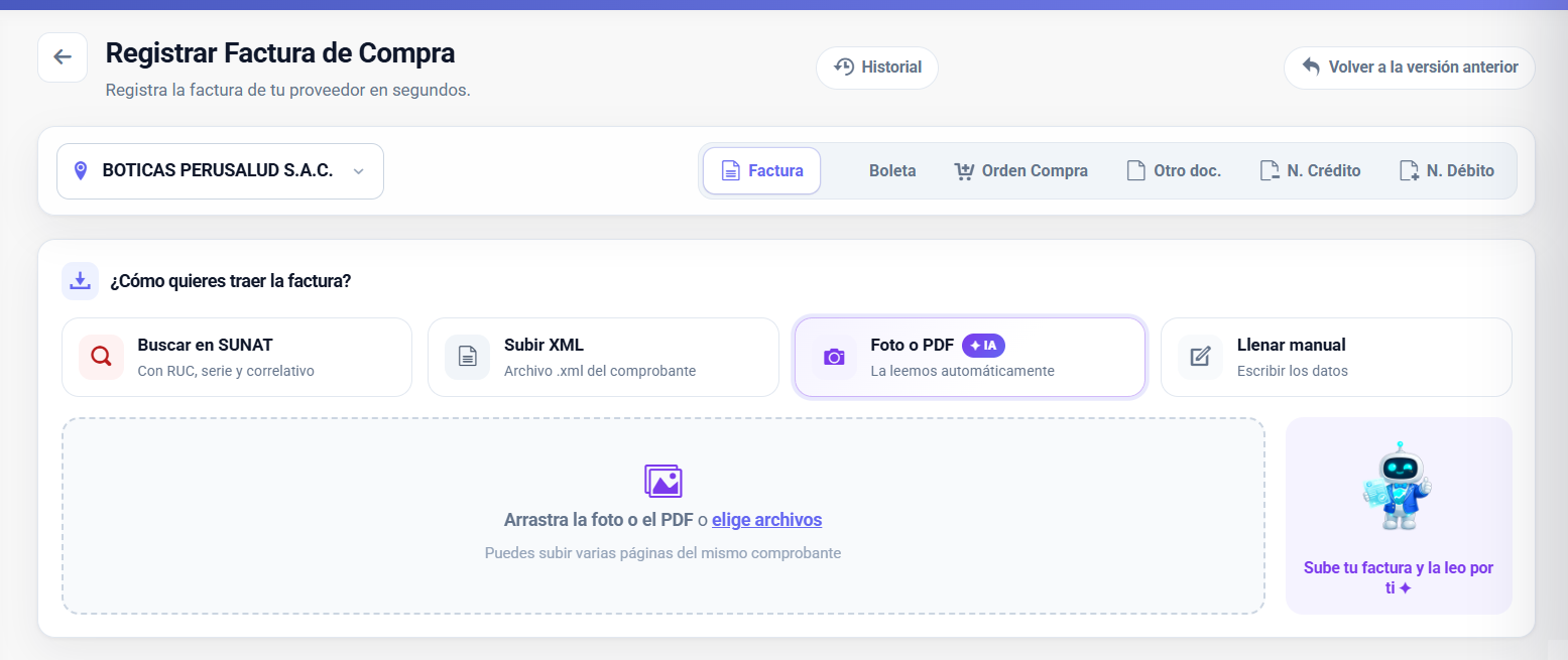 Pantalla de registro de compra de Facturalaya con las cuatro formas de traer la factura: Buscar en SUNAT, Subir XML, Foto o PDF con IA (resaltado) y Llenar manual, con la zona para arrastrar la foto o el PDF