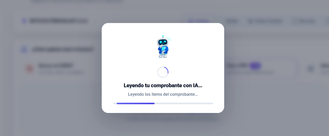 Ventana 'Leyendo tu comprobante con IA' con el robot de Facturalaya, un anillo de carga y una barra de progreso mientras lee los ítems del comprobante