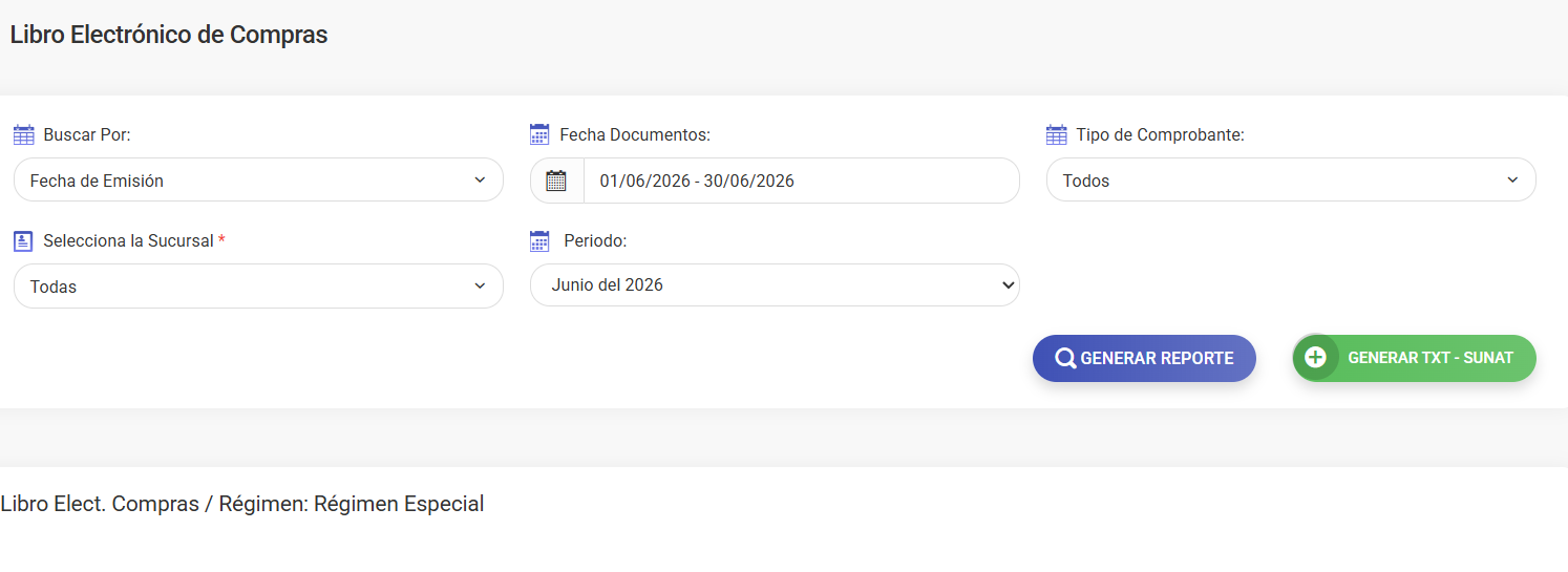 Pantalla del Libro Electrónico de Compras de Facturalaya con filtros por periodo (Junio del 2026) y los botones Generar Reporte y Generar TXT - SUNAT