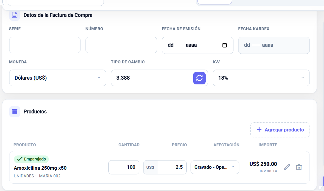 Registro de compra en Facturalaya con la moneda en Dólares (US$), el campo Tipo de Cambio autollenado en 3.388 con un botón de recarga, y una línea de producto con precio e importe en US$