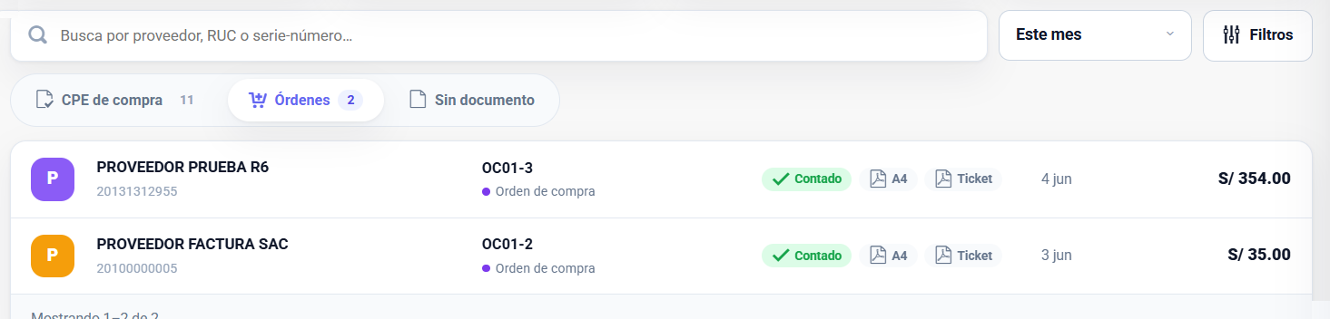 Lista de órdenes de compra en Facturalaya, en la pestaña Órdenes, mostrando dos órdenes con su número, proveedor, total y los botones de descarga A4 y Ticket