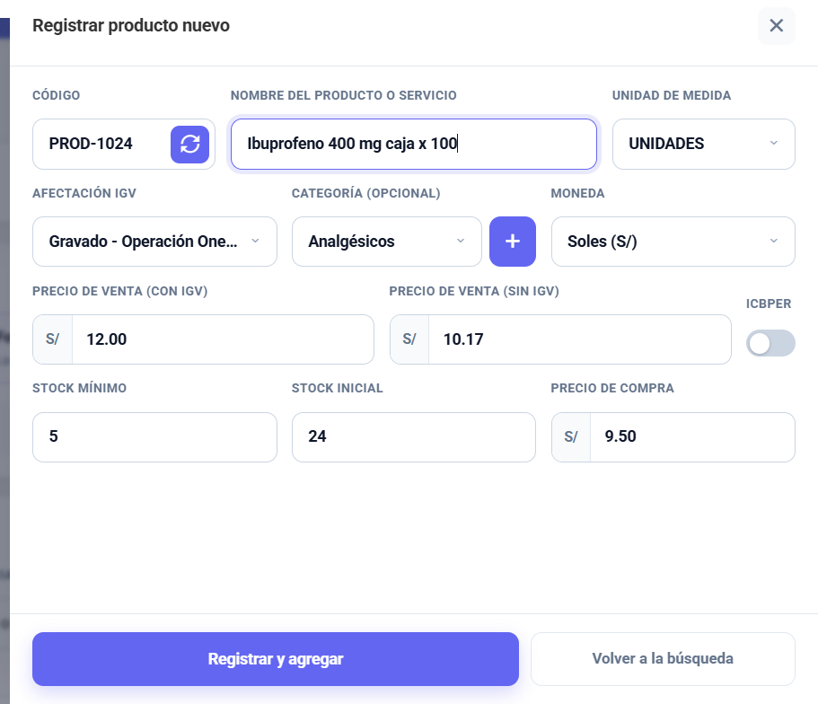 Panel 'Registrar producto nuevo' dentro de la pantalla de registro de compra, con los campos de código, nombre, unidad, afectación IGV, categoría, moneda, precio de venta con y sin IGV, ICBPER, stock mínimo, stock inicial y precio de compra