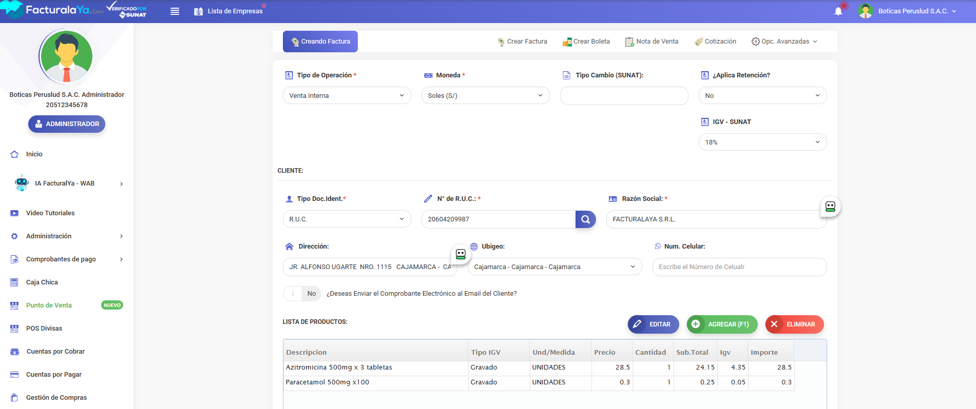 Pantalla de emisión de Facturalaya creando una factura precargada desde una cotización, con el cliente y los productos ya cargados en la lista