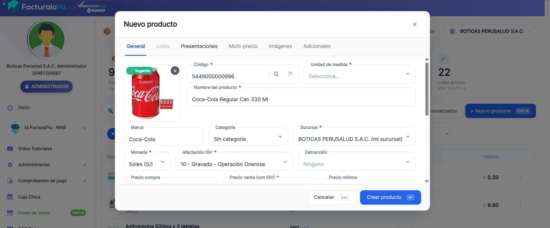 Modal de nuevo producto en Facturalaya: tras teclear el código de barras, el sistema trae automáticamente la foto del producto, el nombre y la marca