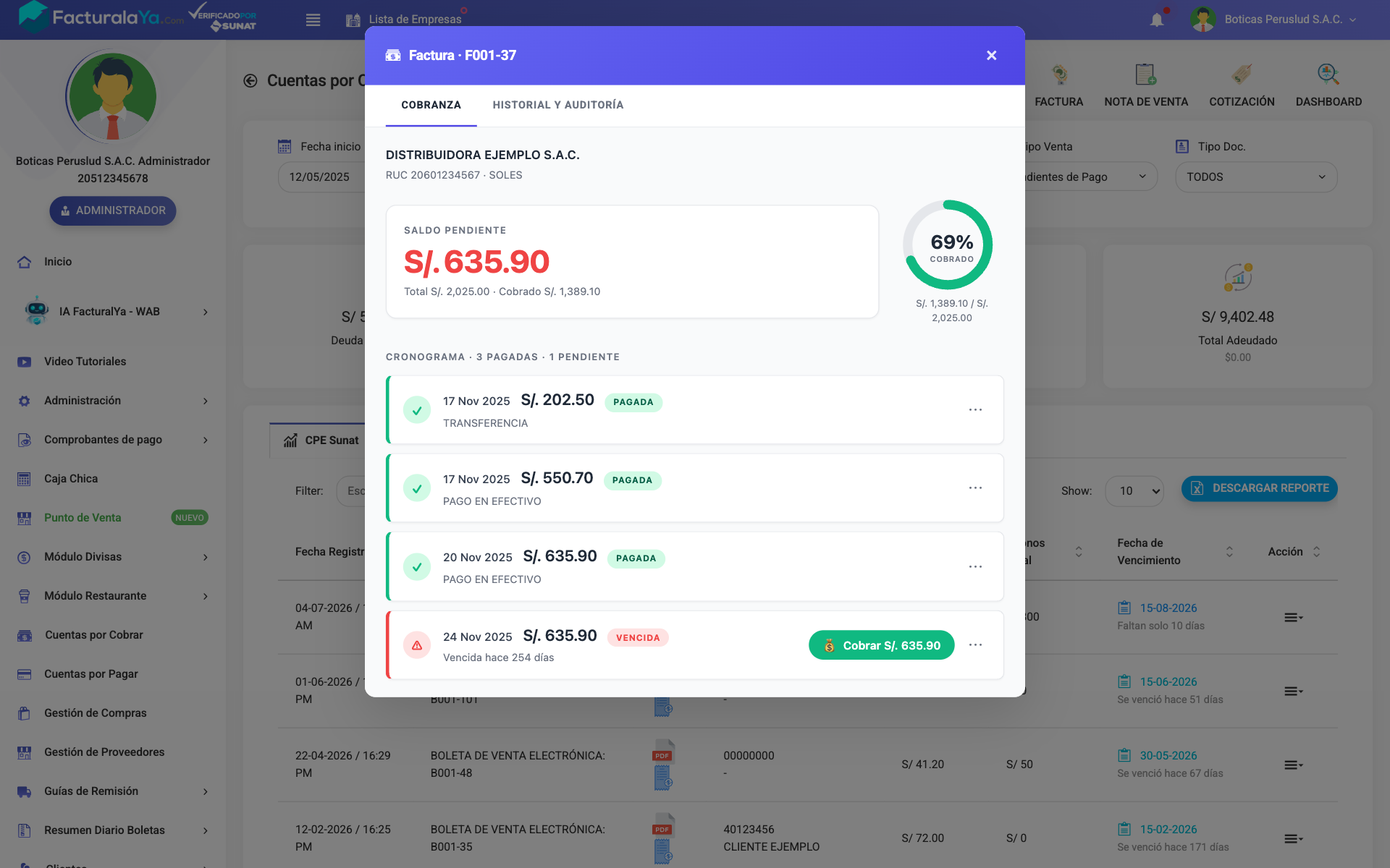 Modal de cobranza de Facturalaya con el saldo pendiente, la rueda de avance y el cronograma de cuotas de una factura