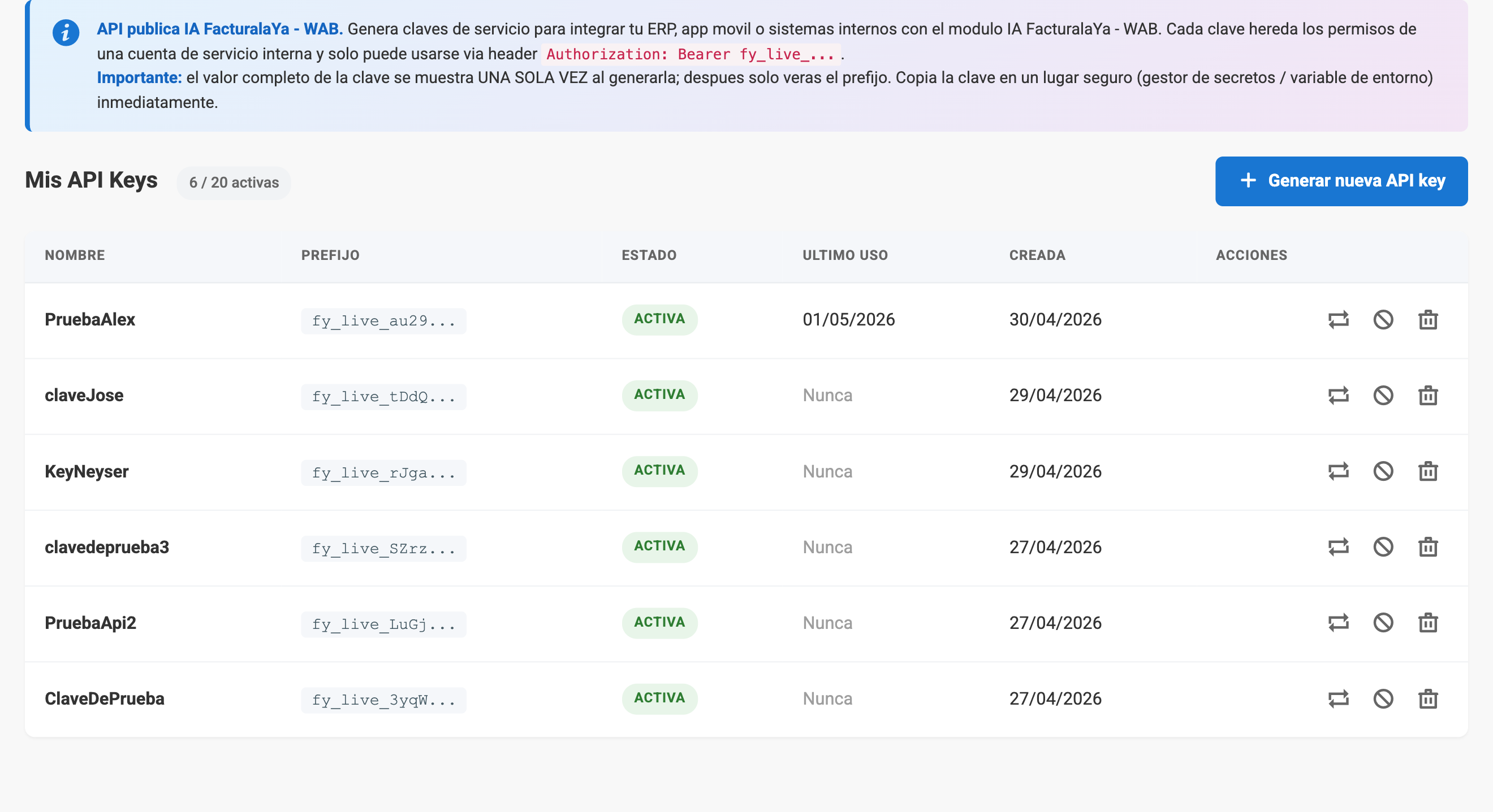 Pantalla de integraciones API con la lista de claves, su prefijo, estado, último uso y fecha de creación