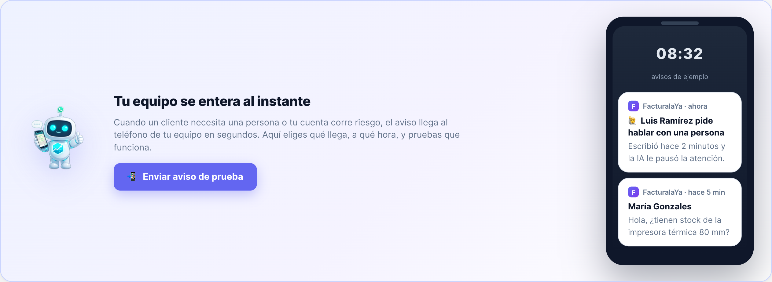 Pantalla de avisos al celular con un teléfono de ejemplo mostrando dos notificaciones