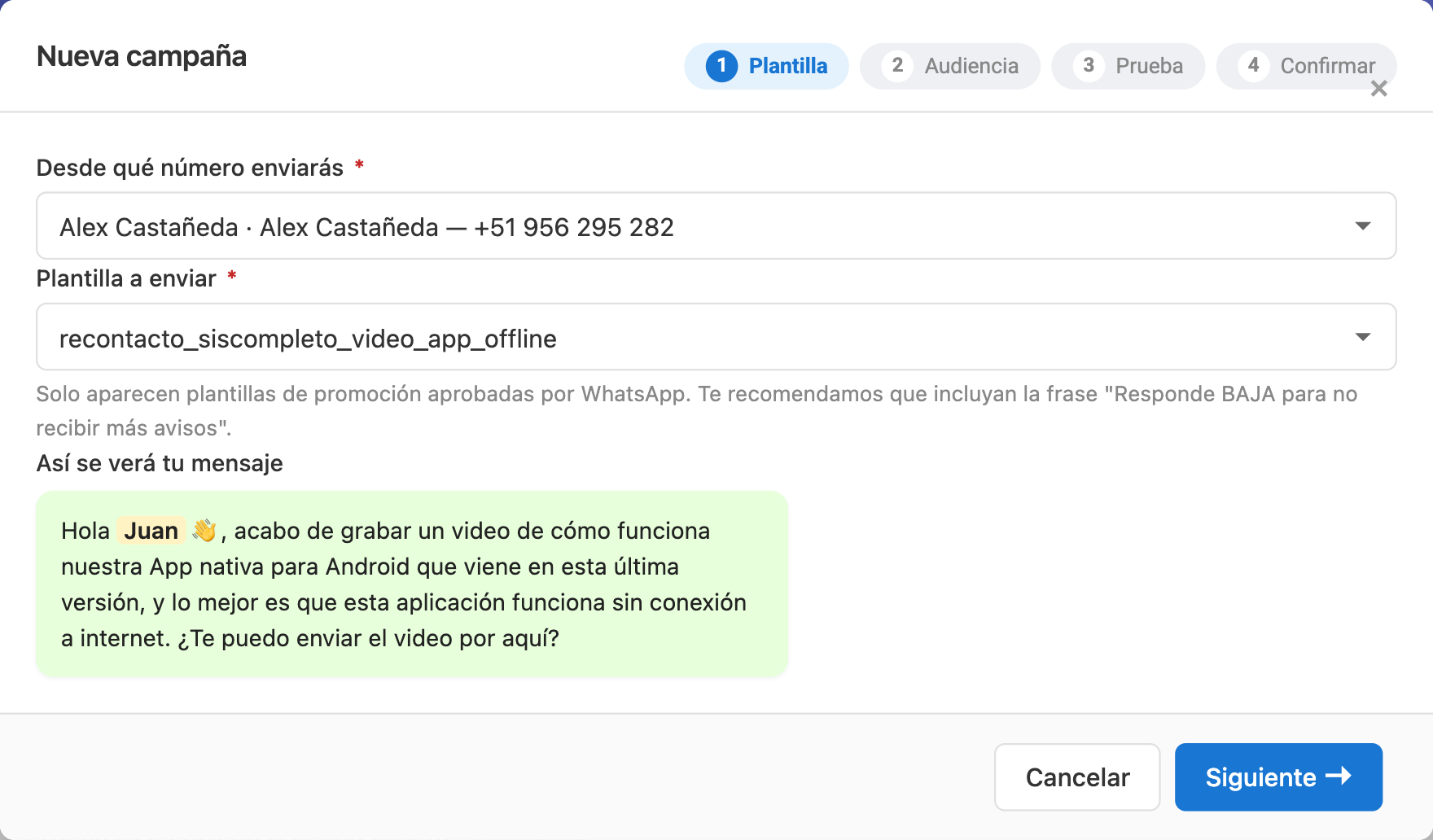 Primer paso del asistente de campañas con el número emisor, la plantilla y la vista previa del mensaje