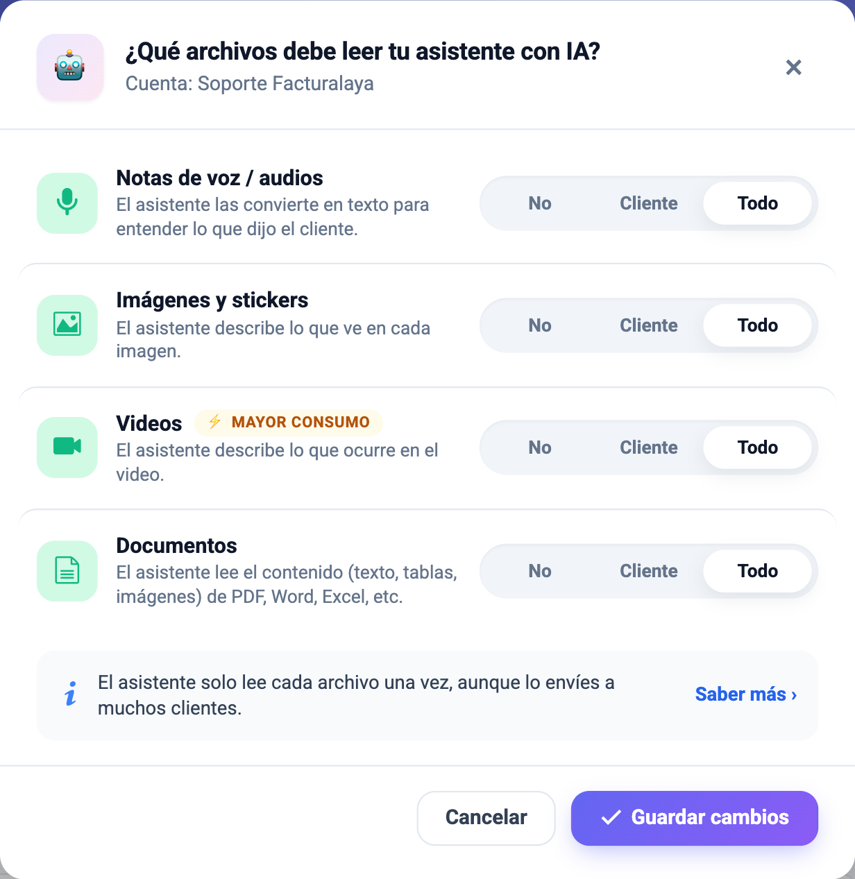 Configuración de lectura de audios, imágenes, videos y documentos