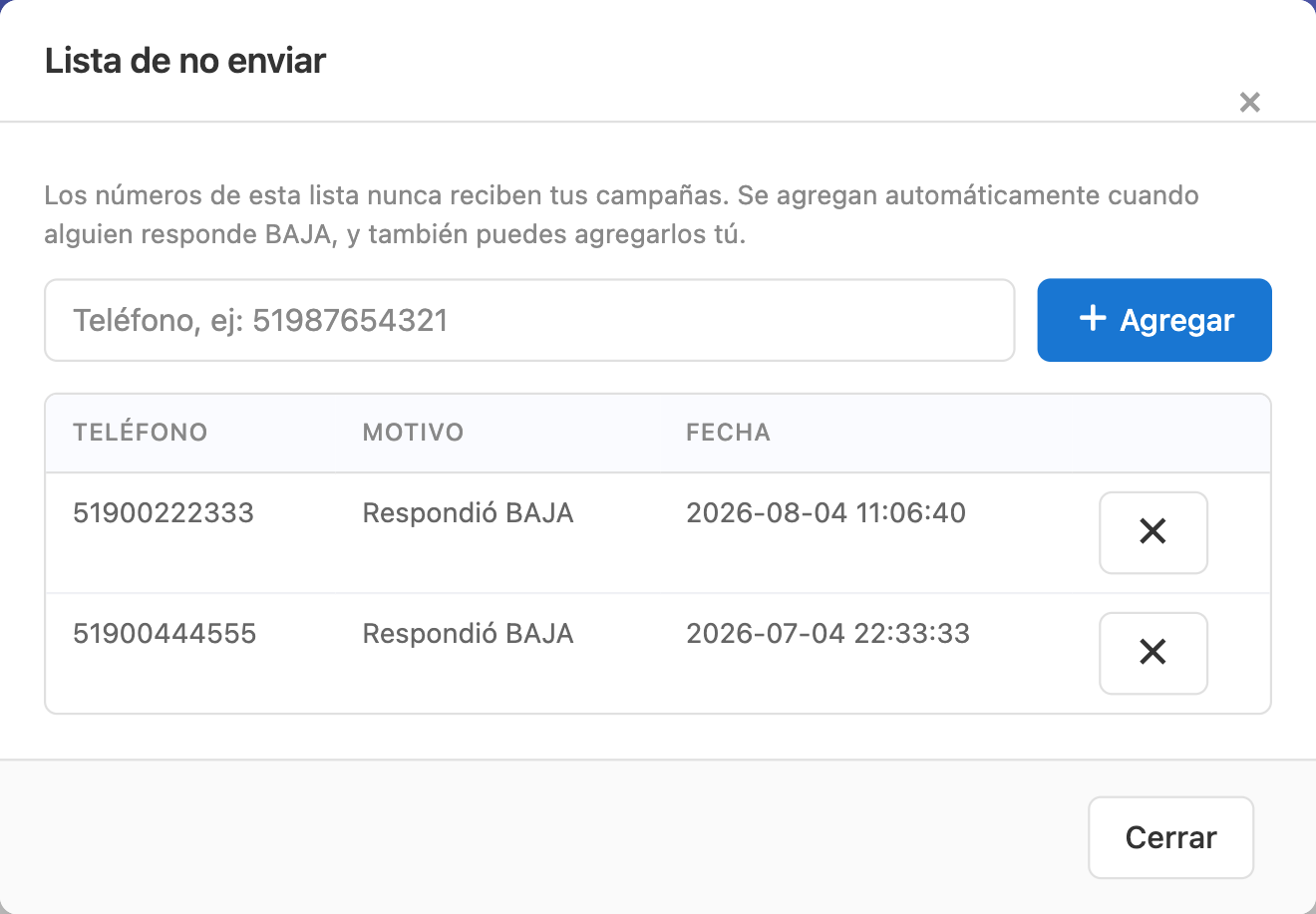 Ventana de lista de no enviar con los teléfonos excluidos, el motivo y la fecha
