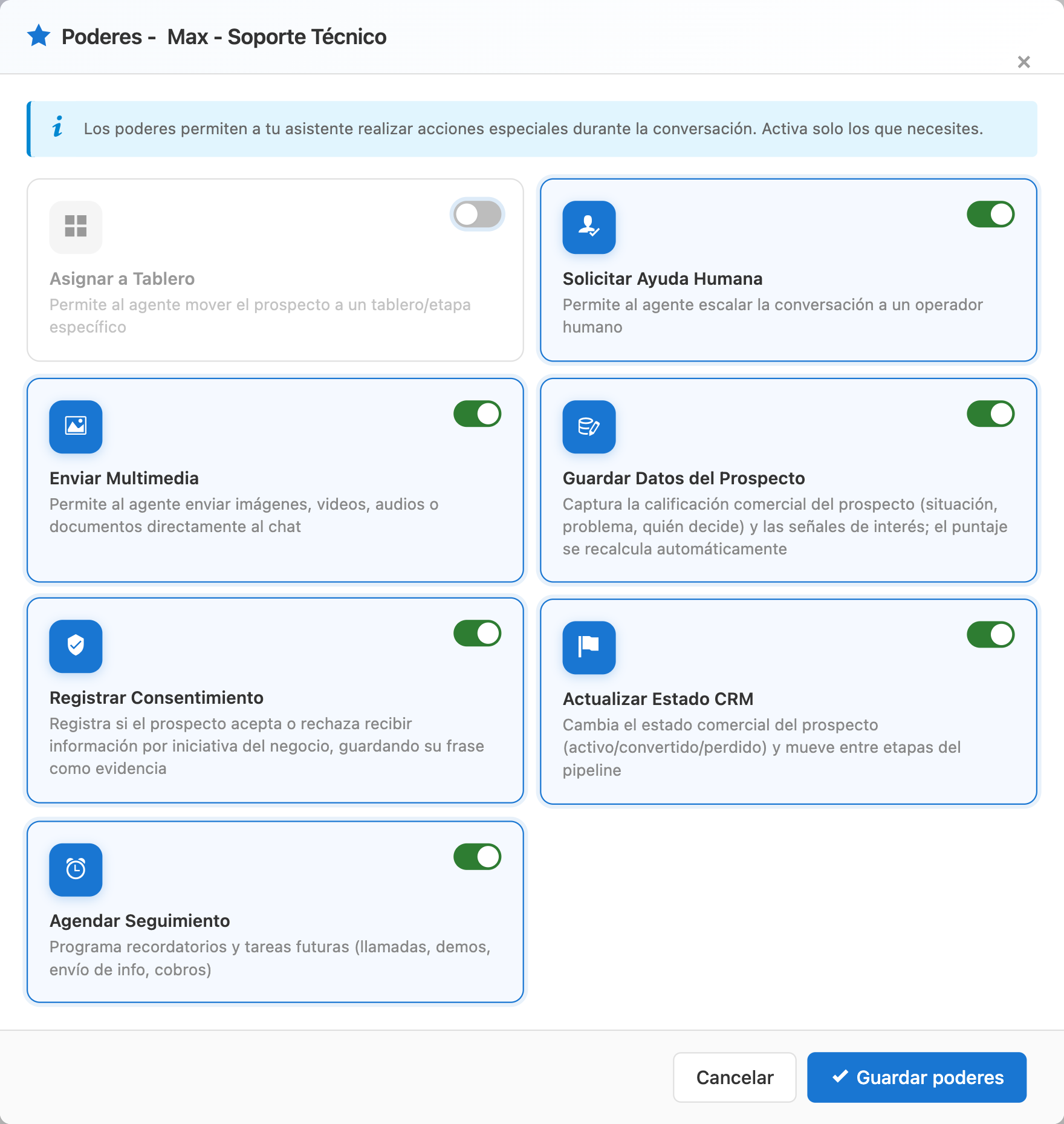 Pantalla de poderes del asistente con la tarjeta Registrar consentimiento activada