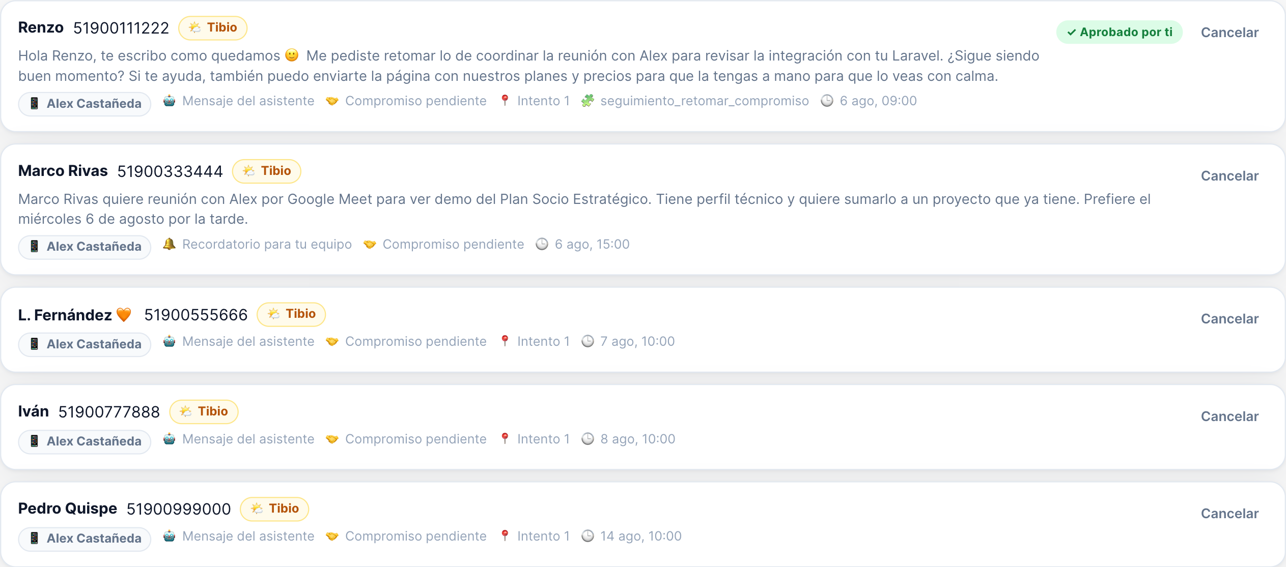 Lista de seguimientos programados con el mensaje redactado por el asistente, el motivo, el intento y la fecha de envío