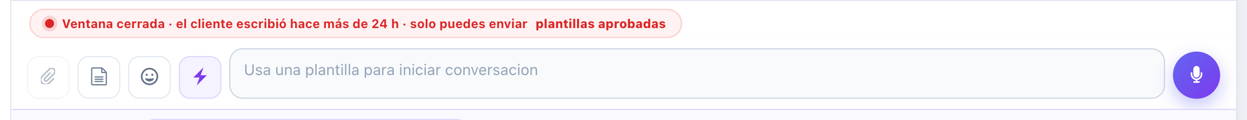 Barra roja que avisa que la ventana está cerrada y que solo se pueden enviar plantillas aprobadas