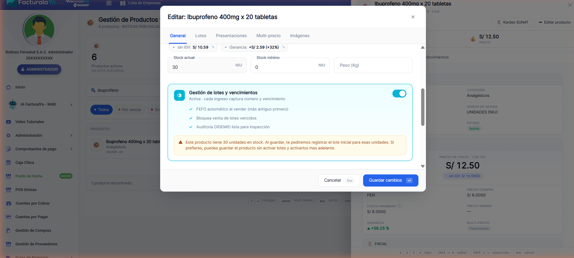 Interruptor de Gestión de lotes y vencimientos activado, mostrando los beneficios y el aviso del lote inicial