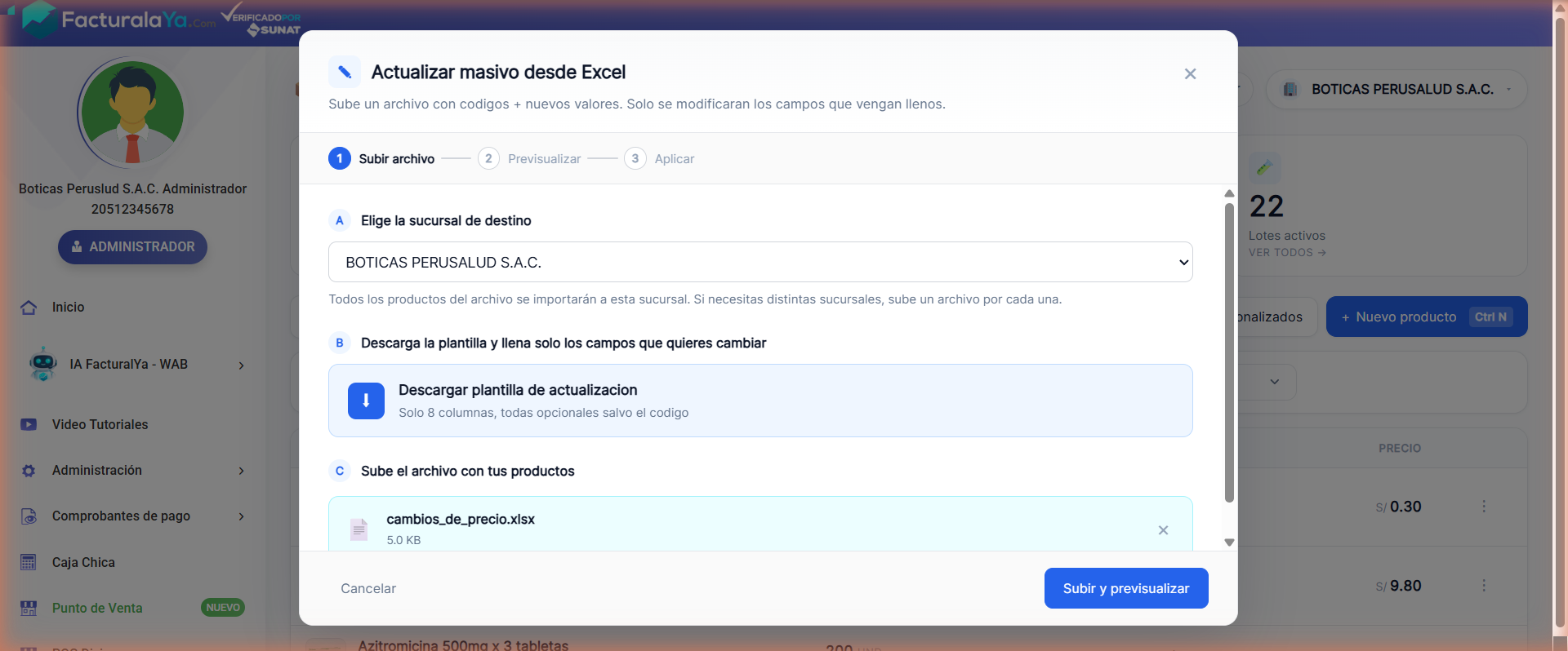 Modal Actualizar masivo desde Excel: paso 1 con la sucursal elegida, el botón de descarga de la plantilla de actualización y el archivo cargado