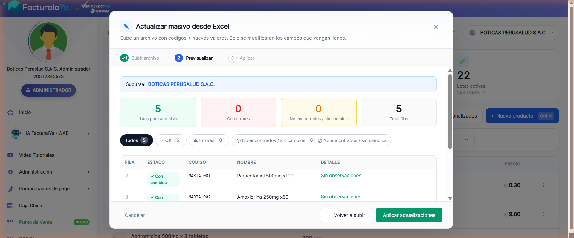 Paso 2 de previsualización de la actualización masiva: 5 listos para actualizar, 0 con errores, 0 no encontrados, y la tabla con el estado «Con cambios» por fila