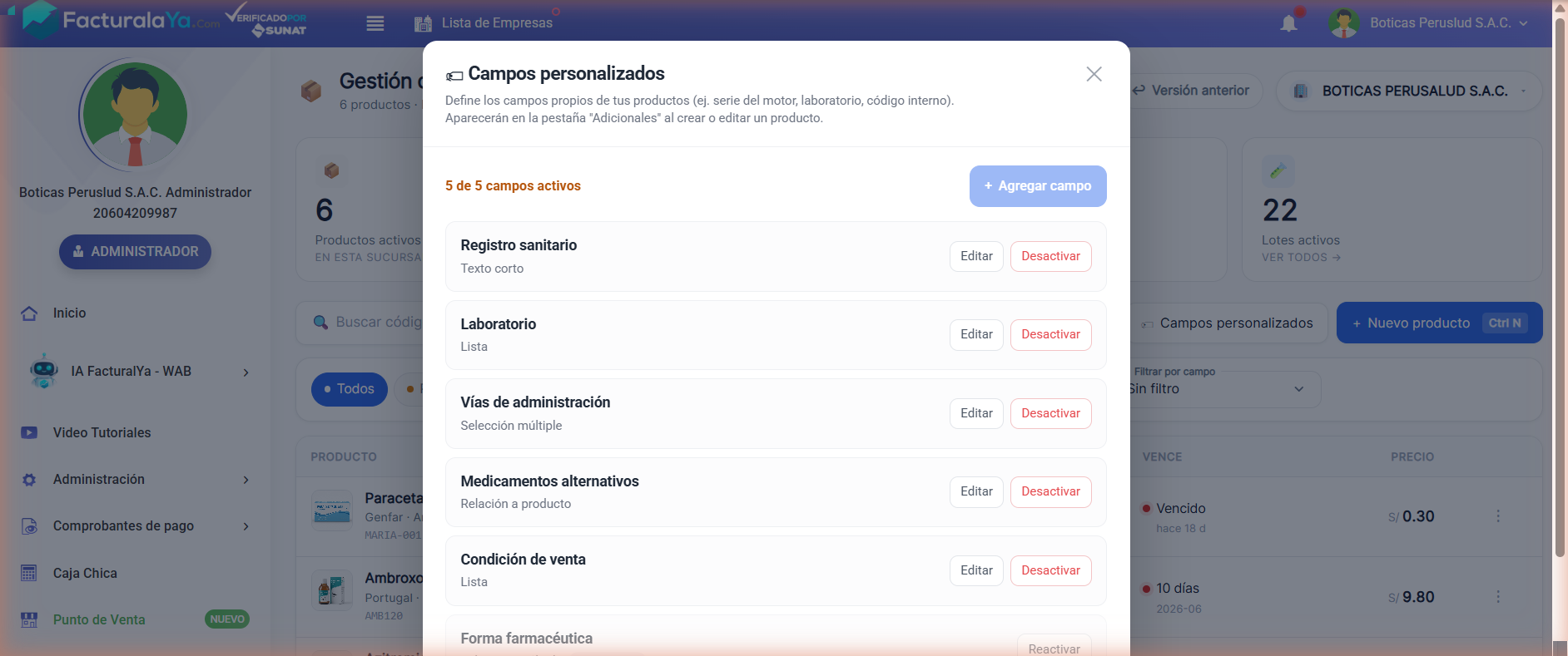Modal de campos personalizados de una botica con Registro sanitario, Laboratorio, Vías de administración, Medicamentos alternativos y Condición de venta