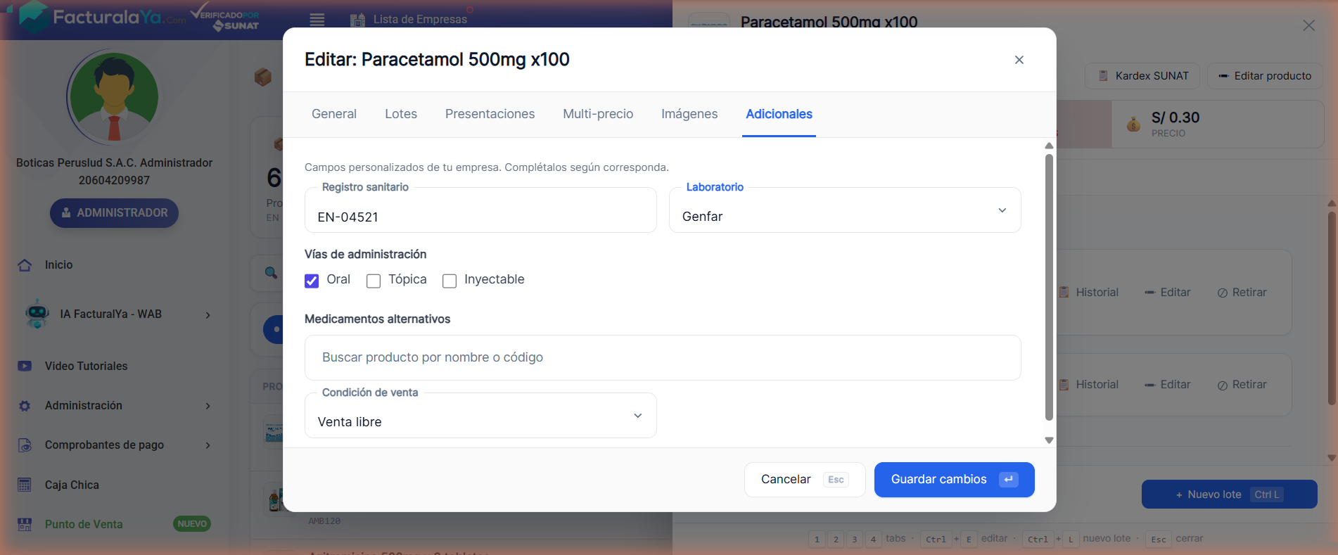 Pestaña Adicionales de un producto con los campos personalizados llenos: registro sanitario, laboratorio Genfar, vía Oral y condición de venta Venta libre