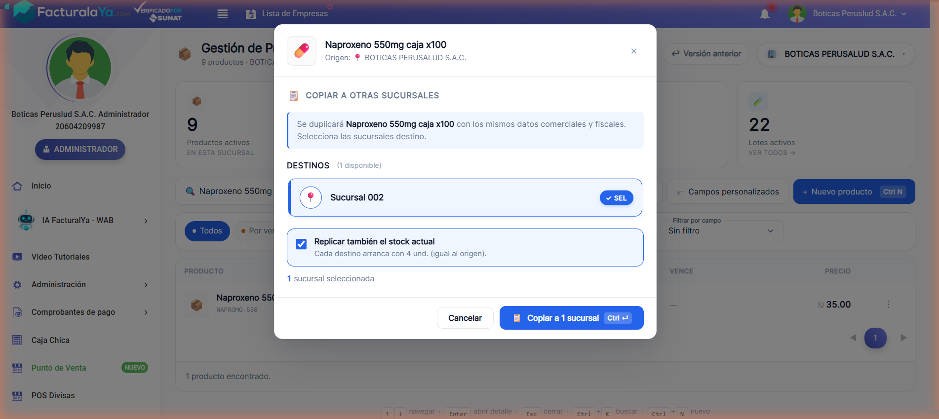 Modal Copiar a otras sucursales con Sucursal 002 seleccionada y la opción Replicar también el stock actual activada