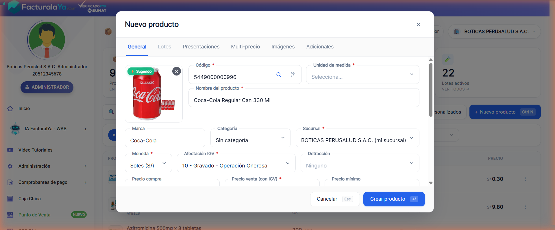 Modal Nuevo producto con nombre, marca y foto del producto autocompletados tras la búsqueda por código de barras, con badge Sugerido sobre la imagen