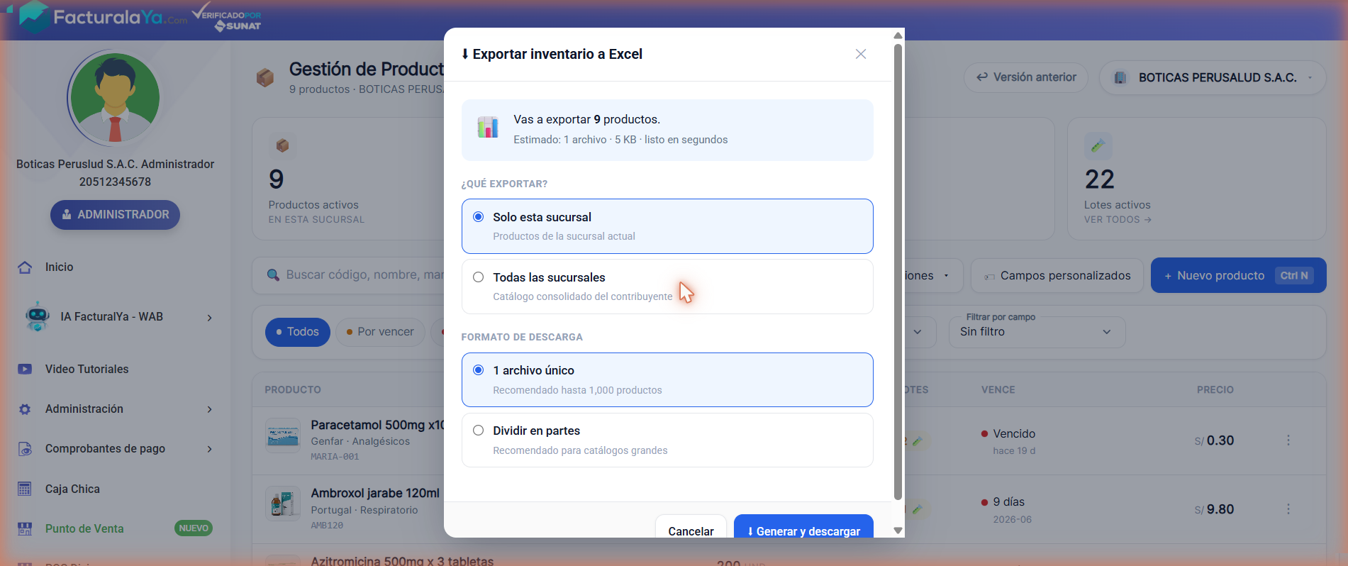 Modal Exportar inventario a Excel con el resumen de productos y las opciones de alcance (solo esta sucursal / todas) y formato (un archivo / dividir en partes)
