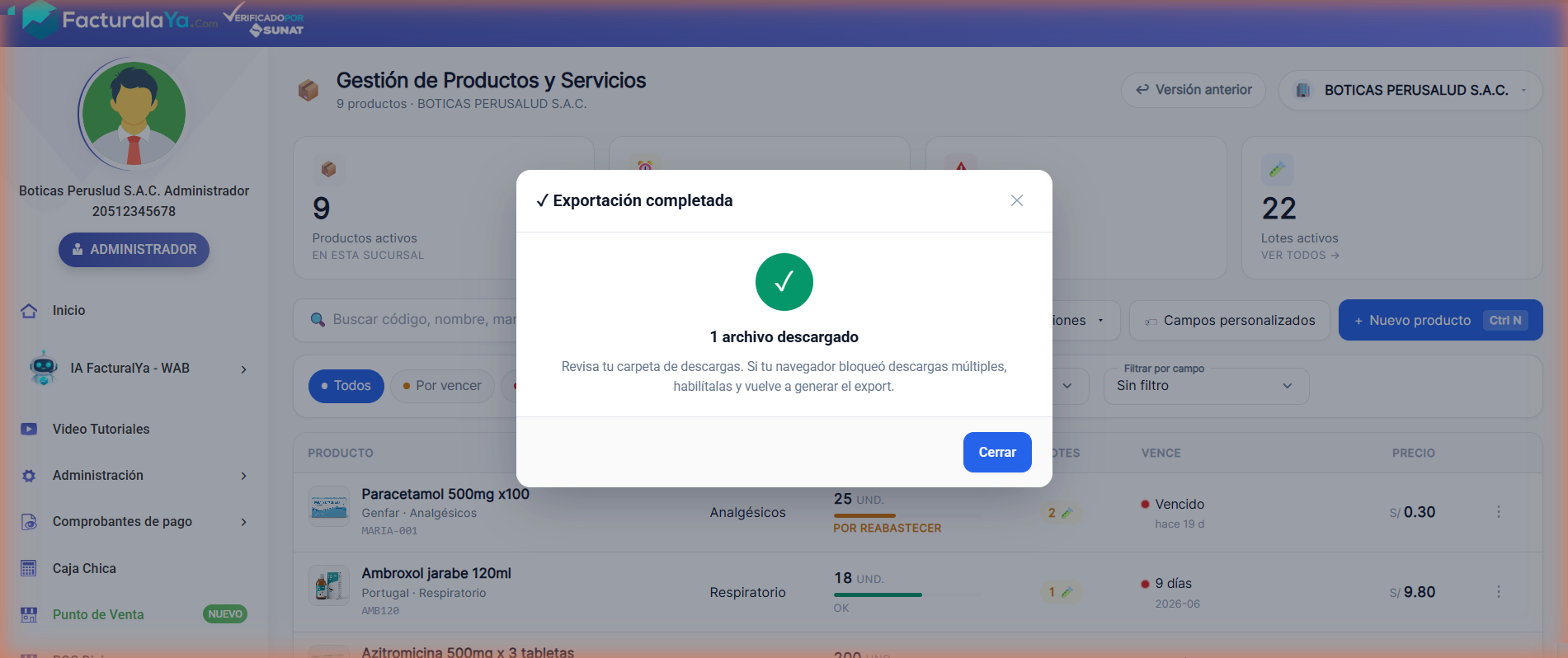 Modal de exportación completada mostrando «1 archivo descargado» con un check verde