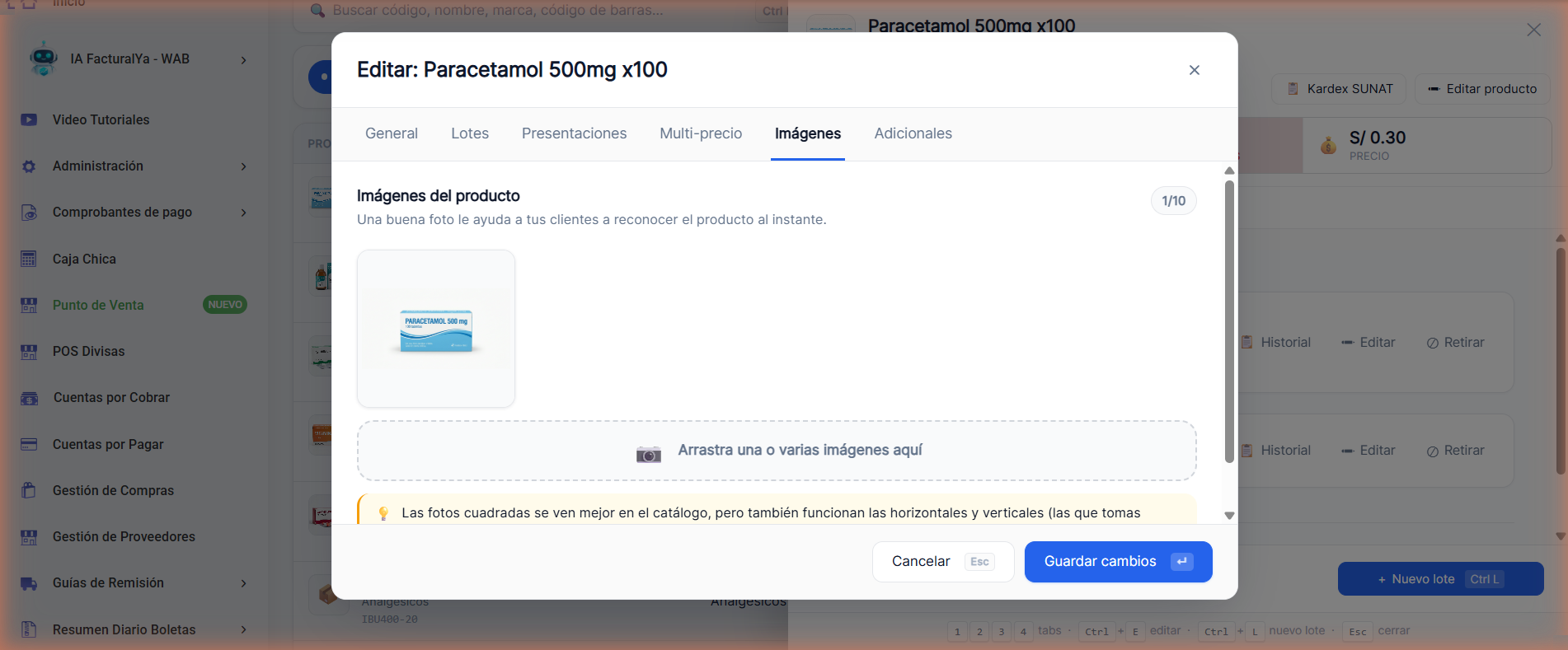 Pestaña Imágenes de un producto con una foto cargada y la zona para arrastrar más imágenes