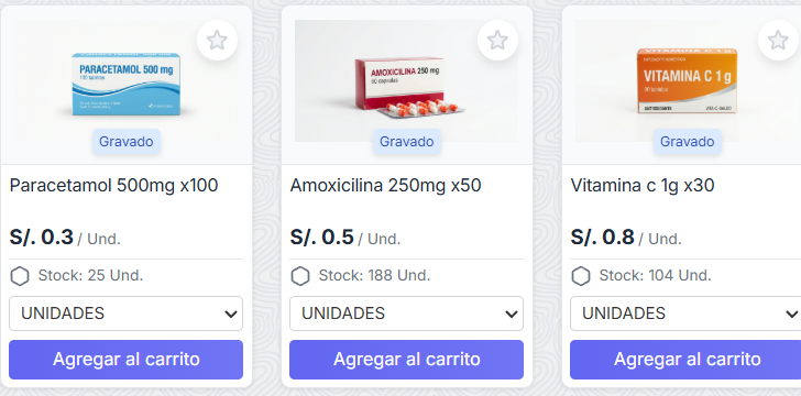 Catálogo del punto de venta con tres productos mostrando sus fotos reales