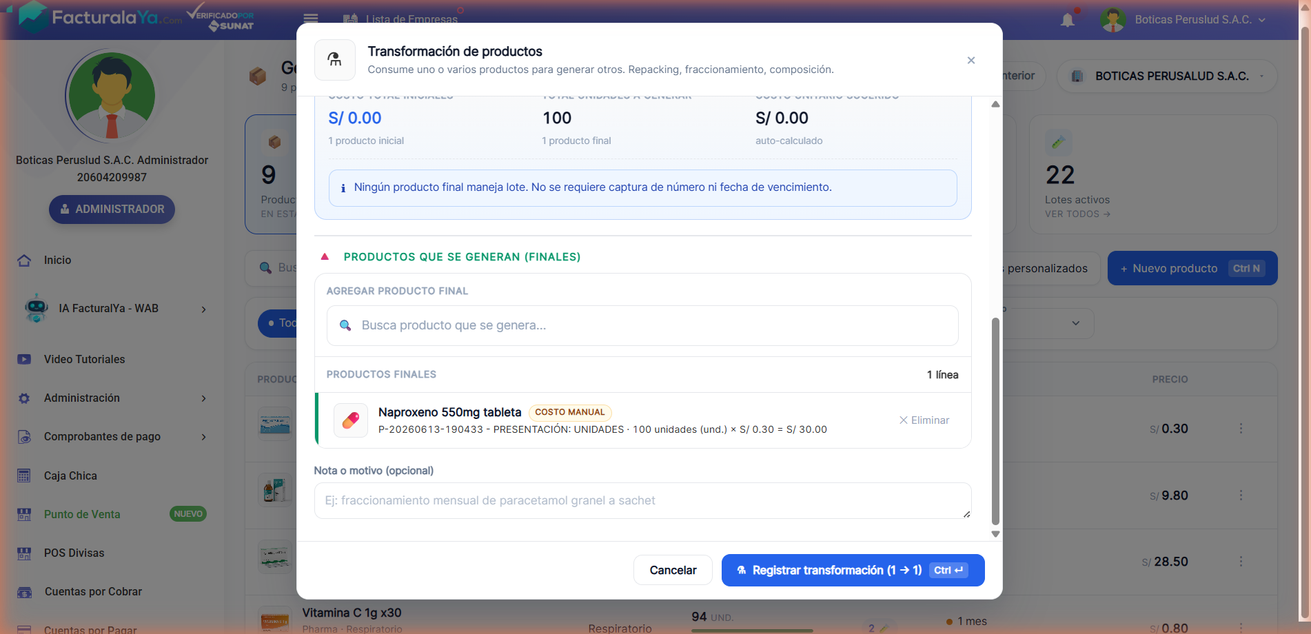 Transformación de Naproxeno caja x100 a 100 tabletas, con costo unitario de 0.30 por tableta