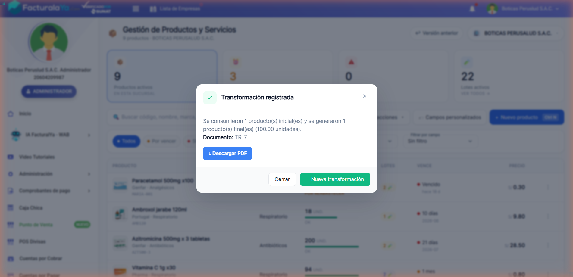 Confirmación de transformación registrada con documento TR-7 y botón Descargar PDF