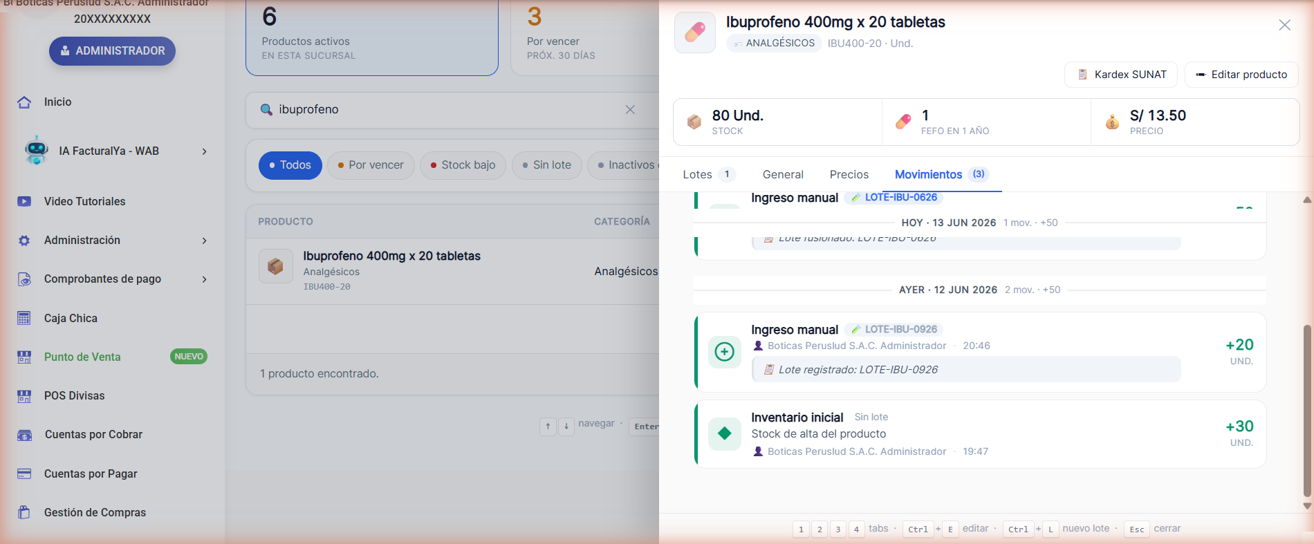 Línea de tiempo de movimientos: ingreso manual por lote y el inventario inicial, cada uno con responsable y cantidad