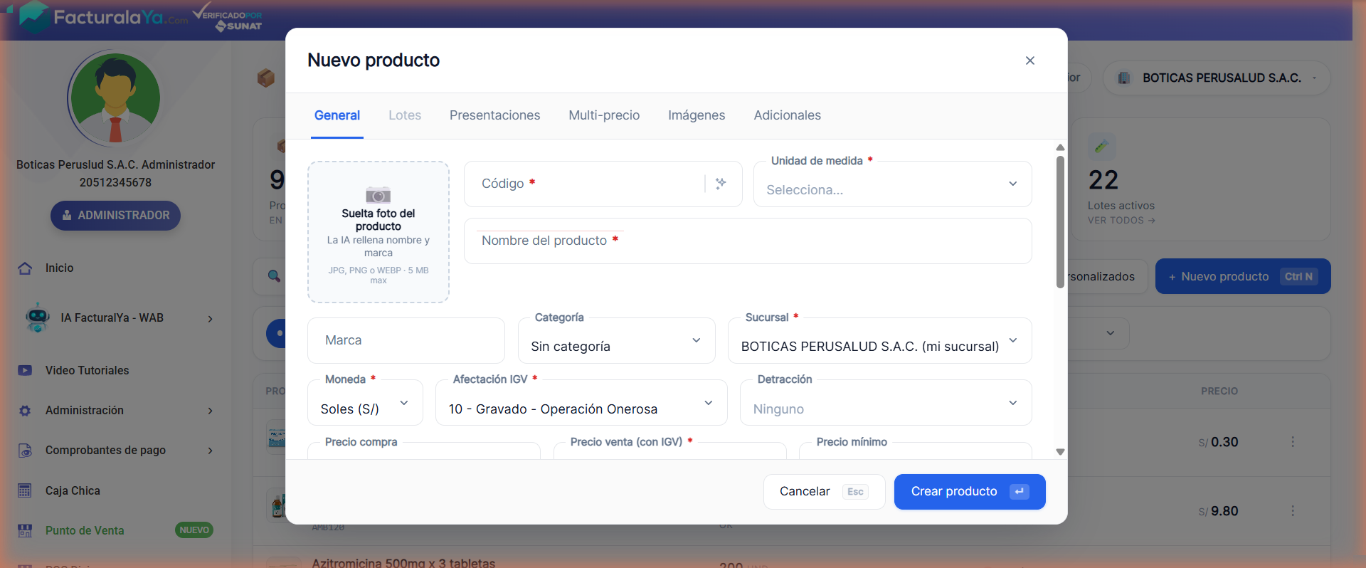Modal Nuevo producto con el recuadro «Suelta foto del producto / La IA rellena nombre y marca» a la izquierda