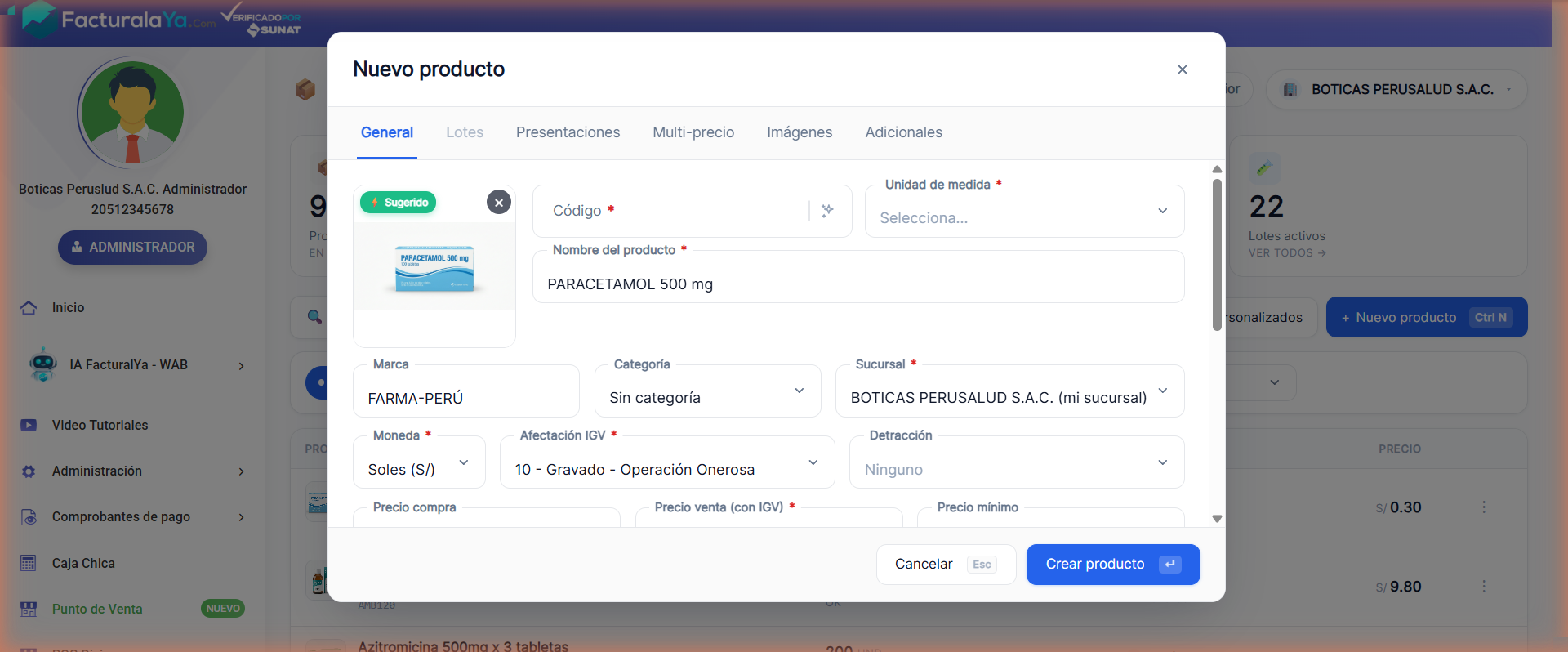 Modal Nuevo producto con nombre y marca rellenados por la IA a partir de la foto del empaque, con la imagen marcada como Sugerido
