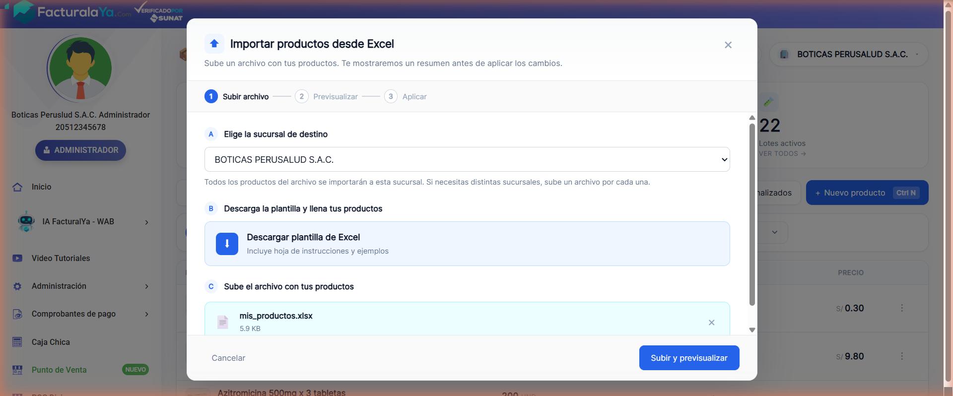 Modal Importar productos desde Excel: paso 1 con la sucursal de destino elegida, el botón Descargar plantilla de Excel y el archivo cargado