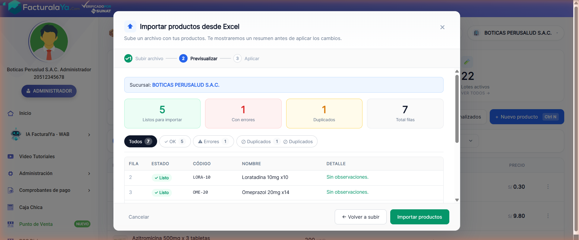Paso 2 de previsualización con contadores: 5 listos para importar, 1 con errores, 1 duplicado, 7 filas totales, y la tabla de resultados por fila