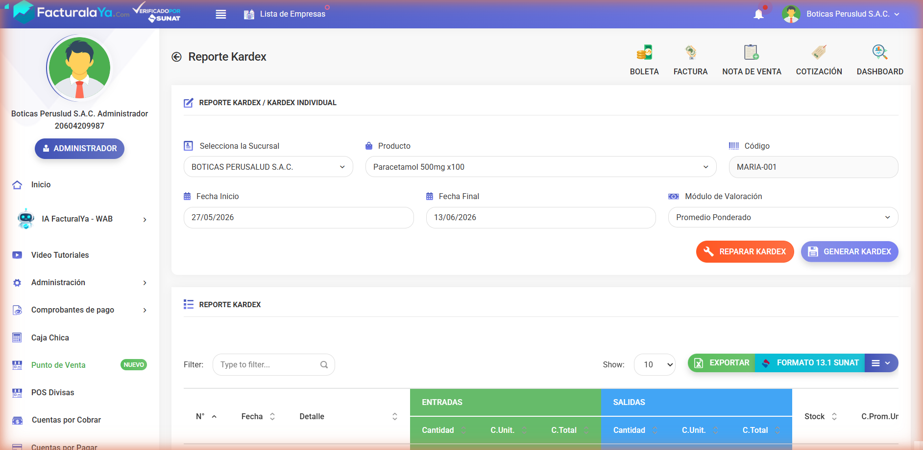 Filtros del kardex: sucursal, producto Paracetamol, rango de fechas y método Promedio Ponderado, con el botón Generar kardex