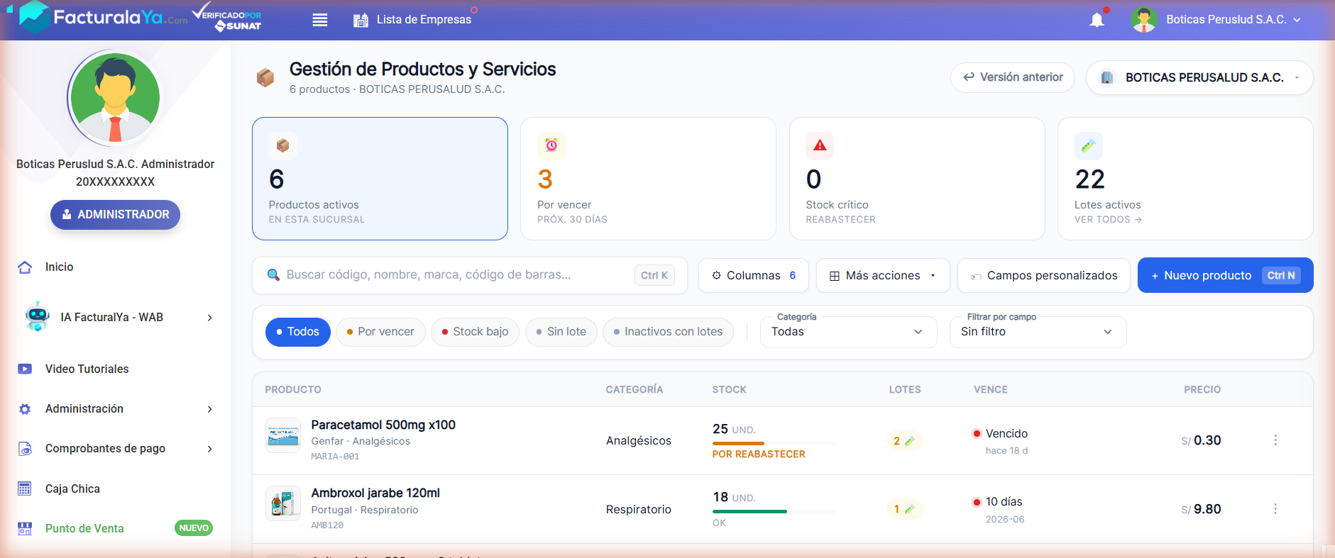 Listado de inventario con las pestañas de filtro rápido y las tarjetas de resumen superiores