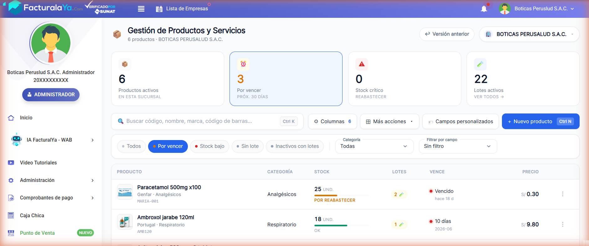Filtro Por vencer activo: la lista muestra solo los productos próximos a vencer
