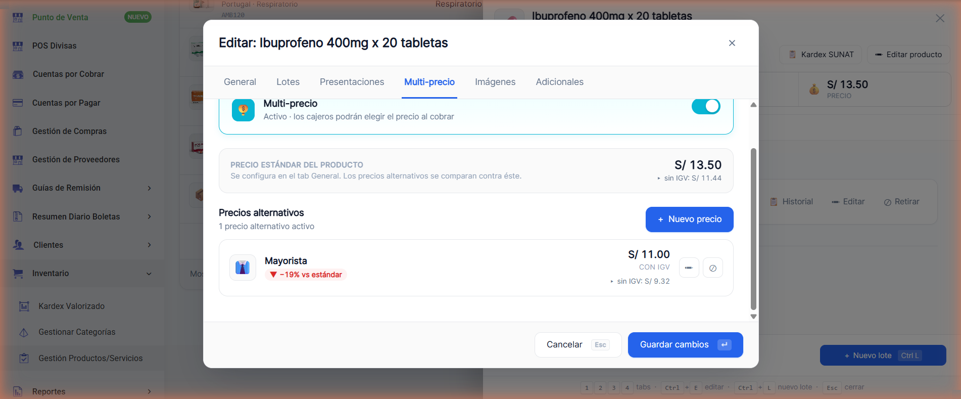 Pestaña Multi-precio activa con precio estándar de 13.50 y precio Mayorista de 11.00