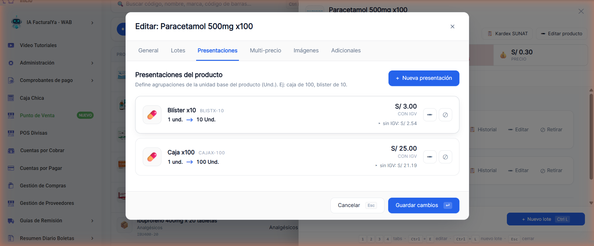 Lista de presentaciones del producto: Blíster x10 a 3 soles y Caja x100 a 25 soles