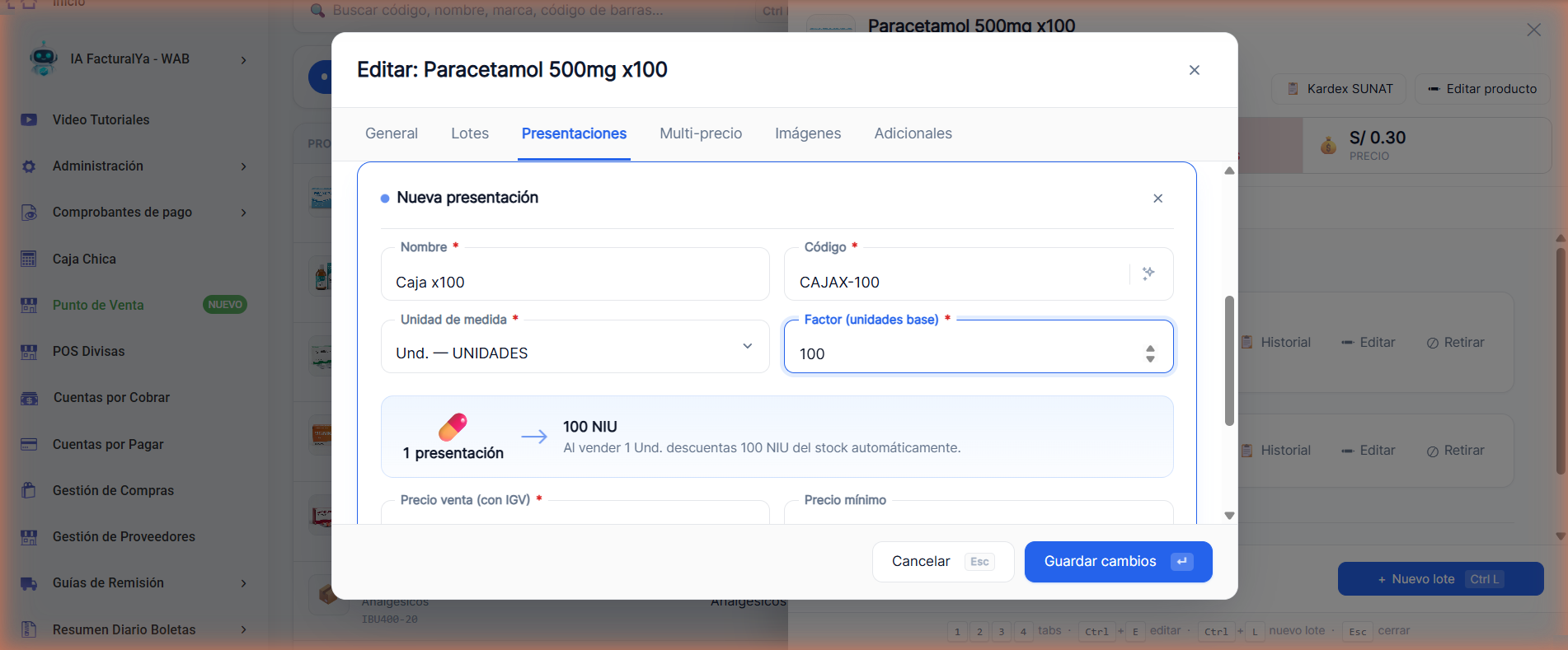 Formulario de nueva presentación con nombre Caja x100, factor 100 y la equivalencia 100 unidades