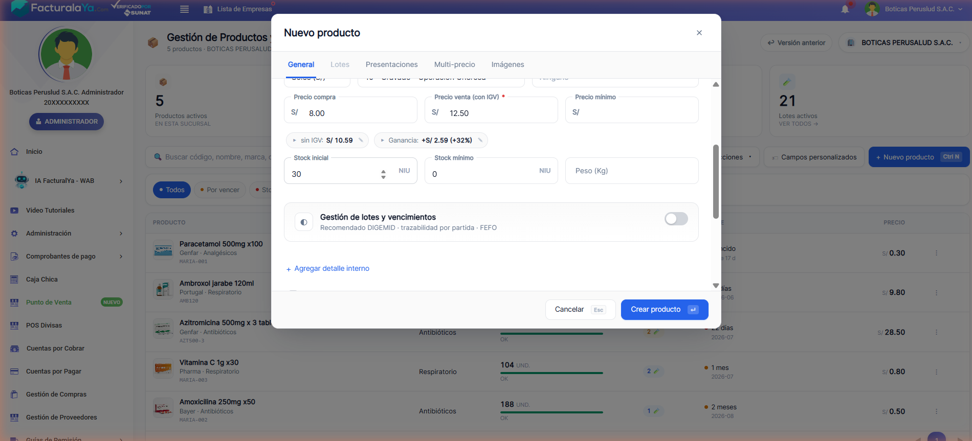 Formulario de nuevo producto con precio de compra 8.00, precio de venta 12.50, ganancia calculada y stock inicial 30