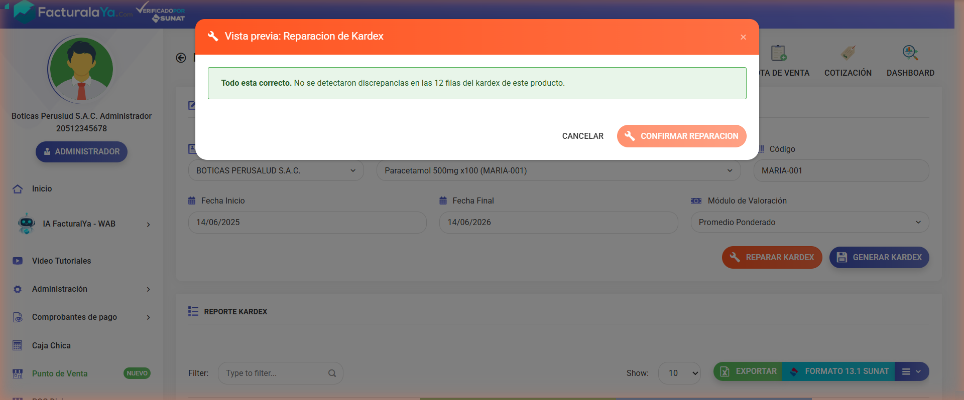 Modal de vista previa de reparación de kardex mostrando «Todo está correcto, no se detectaron discrepancias en las 12 filas»