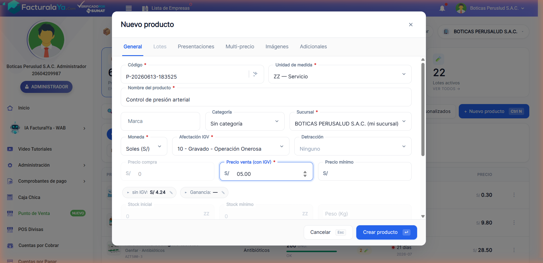 Formulario de nuevo producto con unidad ZZ — Servicio, nombre Control de presión arterial y precio 5.00; el precio de compra queda deshabilitado