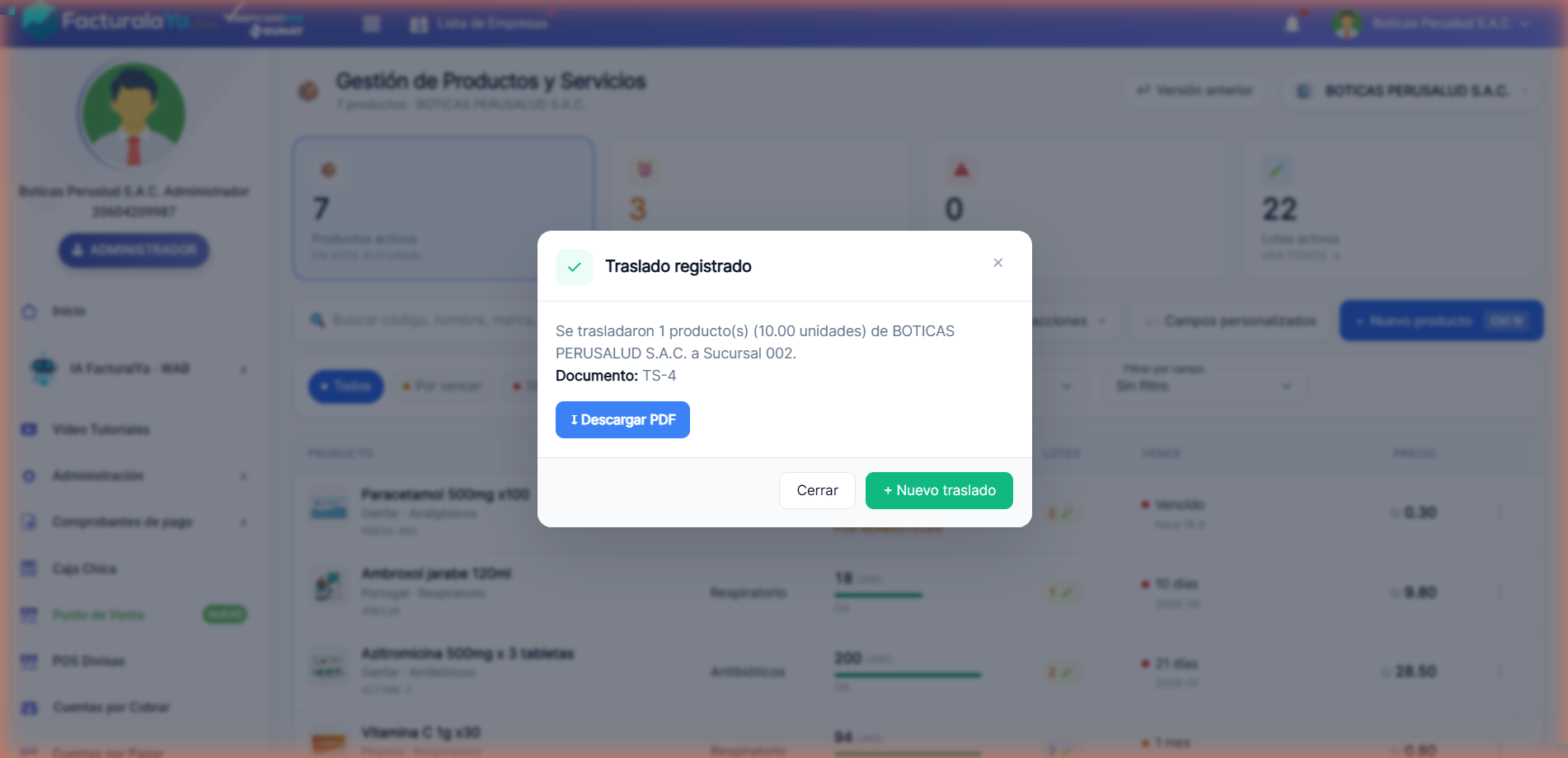 Confirmación de traslado registrado con documento TS-4 y botón Descargar PDF