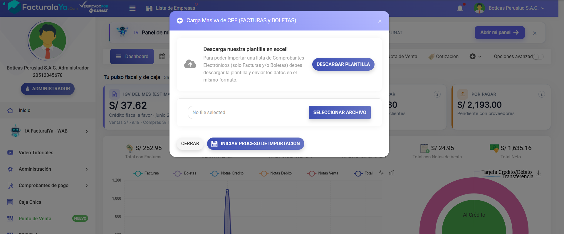 Modal de Carga Masiva de CPE de Facturalaya, con el botón para descargar la plantilla de Excel, el selector de archivo y el botón Iniciar Proceso de Importación