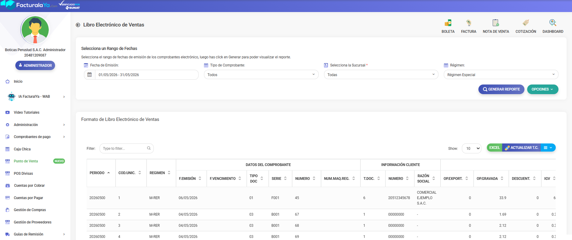 Pantalla del Libro Electrónico de Ventas en Facturalaya: filtros por periodo y la tabla con el formato oficial de SUNAT (periodo, datos del comprobante, cliente, operación gravada, IGV) y botones para exportar