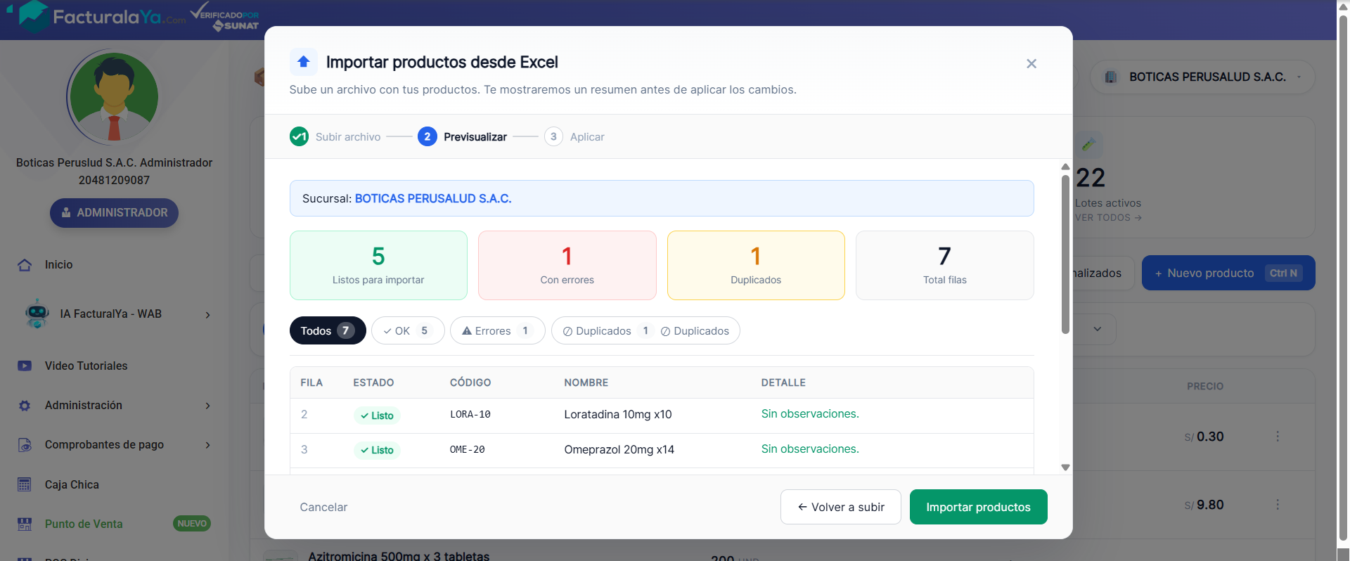 Previsualización de la importación en Facturalaya: tarjetas con 5 productos listos para importar, 1 con errores, 1 duplicado y 7 filas totales, más una tabla con el estado fila por fila